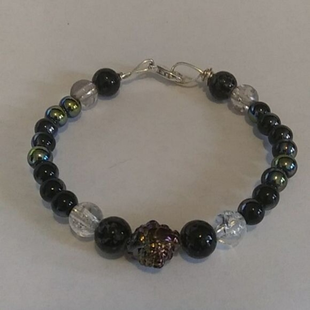 Handmade metallic black beaded bracelet with rose focal bead